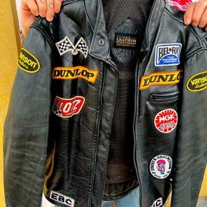 Men’s R&S Black Leather Biker Jacket with Patches